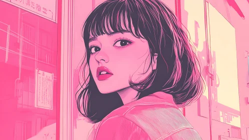 Stylized pink portrait of woman in urban street scene.