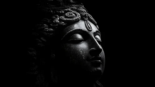 Serene stone face emerging softly from the quiet darkness.