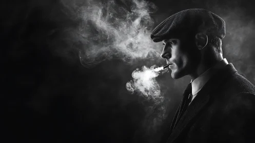 Brooding man in flat cap exhales smoke into dramatic darkness