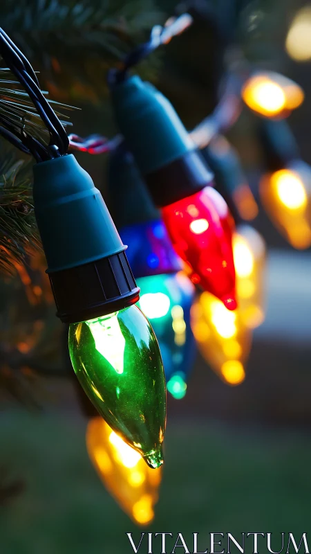 Colored outdoor string lights hang in shallow depth of field