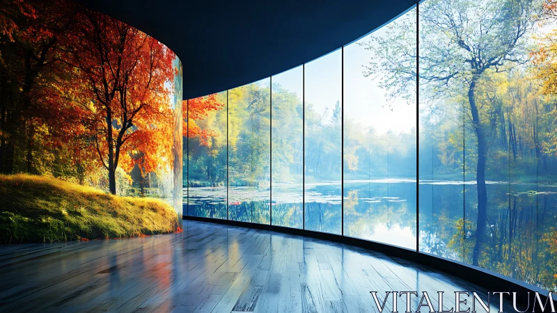 Curved glass gallery reveals vibrant seasonal forest panorama.
