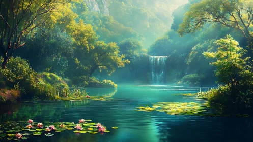 Lush emerald forest lagoon with cascading central waterfall.