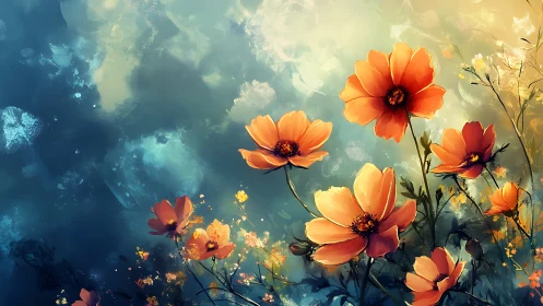 Cosmos Blooms: Orange Flowers Merge Sky and Water Light.