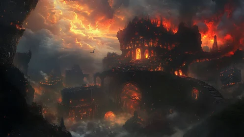 Gothic Citadel Engulfed in Inferno: Medieval Architecture Under Apocalyptic Siege