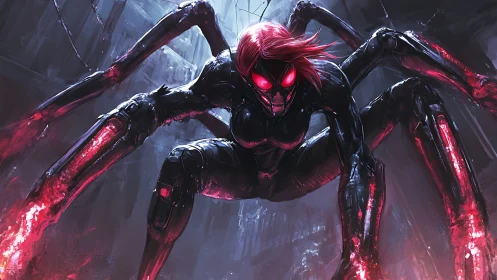 Fierce cyber spider warrior glowing with neon red power.