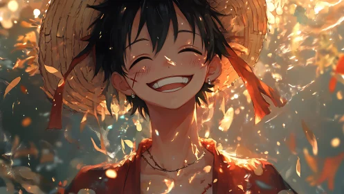 Smiling straw hat boy under glowing golden leaf shower.