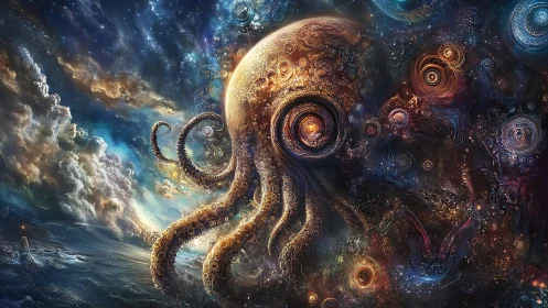 Cosmic cephalopod entity swirling through starfield void.