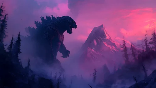 Colossal reptilian figure stands in misty conifer valley