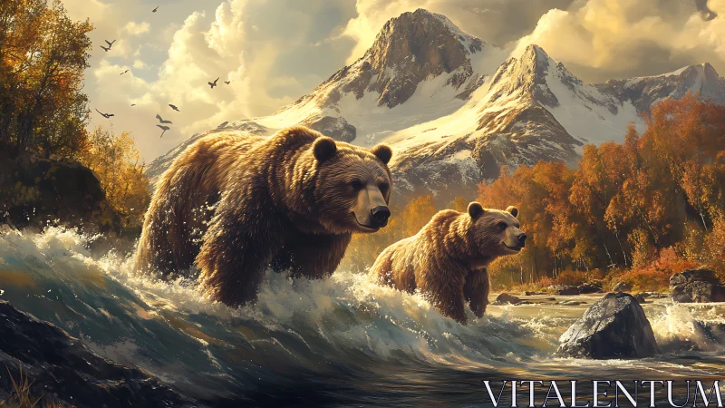 Cinematic wildlife tableau with grizzly bears and alpine river focus.