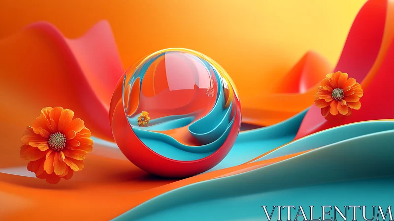 Spherical object with flowers on abstract colorful surface.