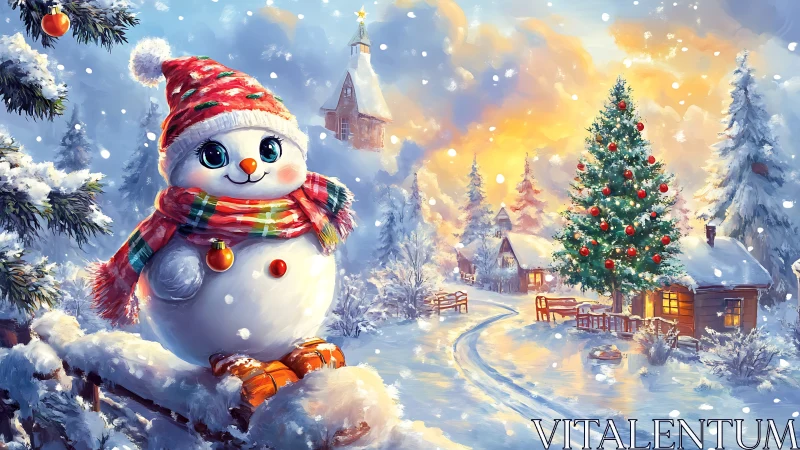 Snowman with scarf in illuminated winter village landscape.