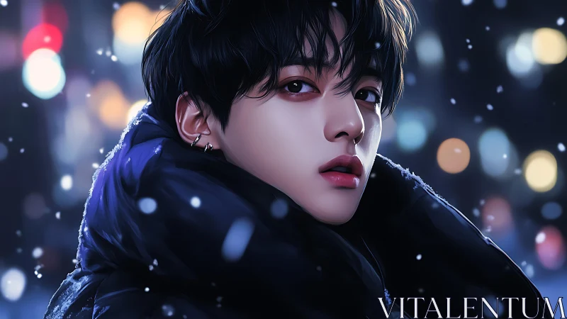 Digital portrait isolates youthful face in shallow depth snow scene