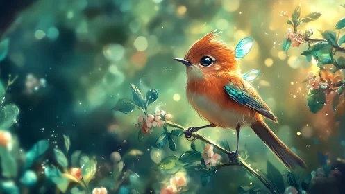 Enchanting Fantasy Bird on Blossoming Branch, Digital Art Style.