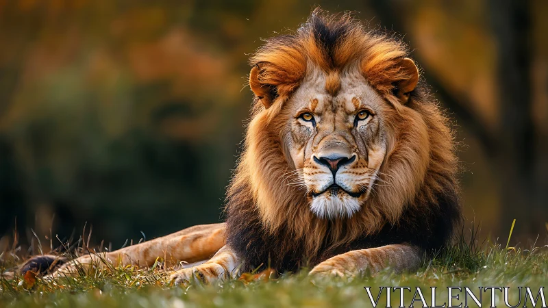 Male lion lying in grass with sharp focused portrait.