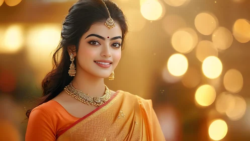 Woman in traditional attire stands before defocused lights