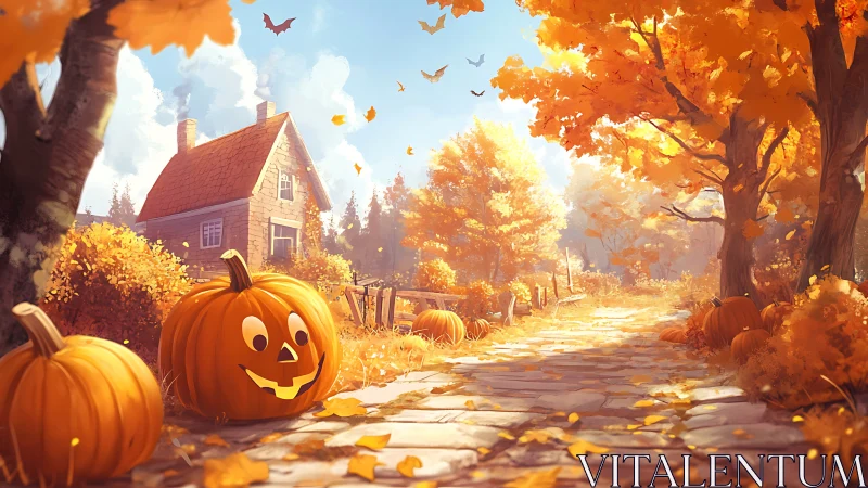 Pumpkin lane and golden autumn cottage at Halloween twilight.