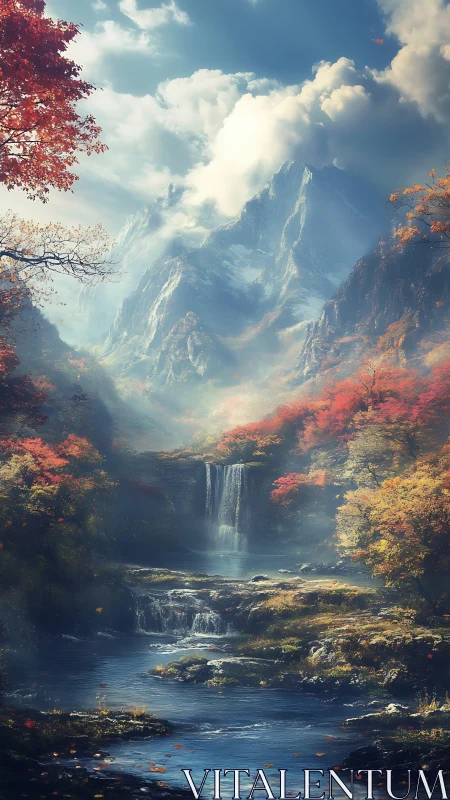 Autumn mountain valley with cascading waterfalls and river.