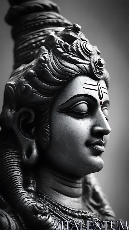 Side profile metal sculpture of Hindu deity in grayscale.