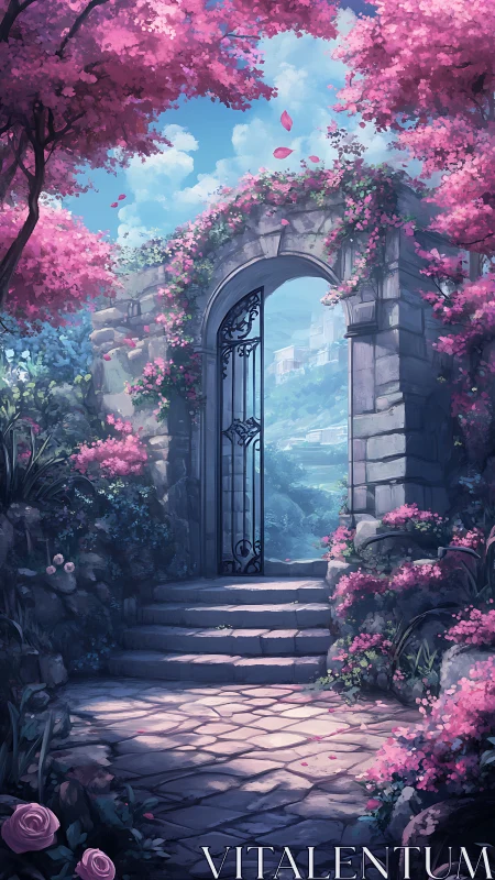 Enchanted stone garden gate opens into a pastel dreamscape.