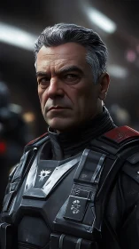 Steel-eyed space commander in battle-scarred armor. Period.