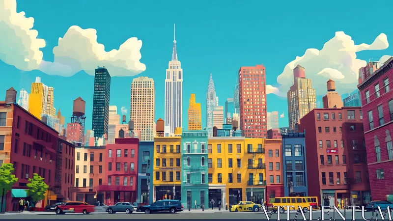 Sunlit city rowhouses glow beneath towering pastel skyline.