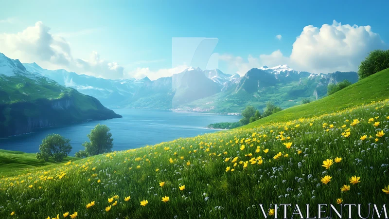 Mountain lake with green hills and yellow wildflowers.