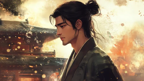 Thoughtful samurai figure before warm autumn temple scene.