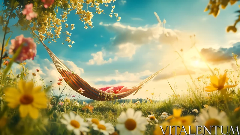 Sun-drenched hammock drifts above a meadow of wild dreams