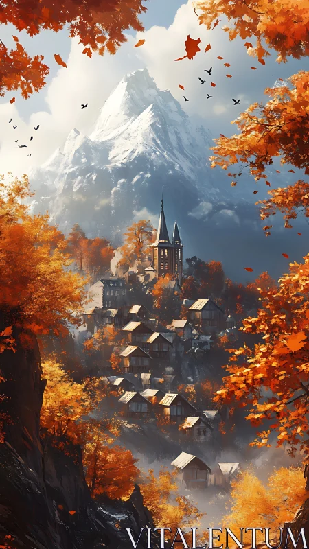 Mountain village is depicted beneath a snow-covered peak in autumn