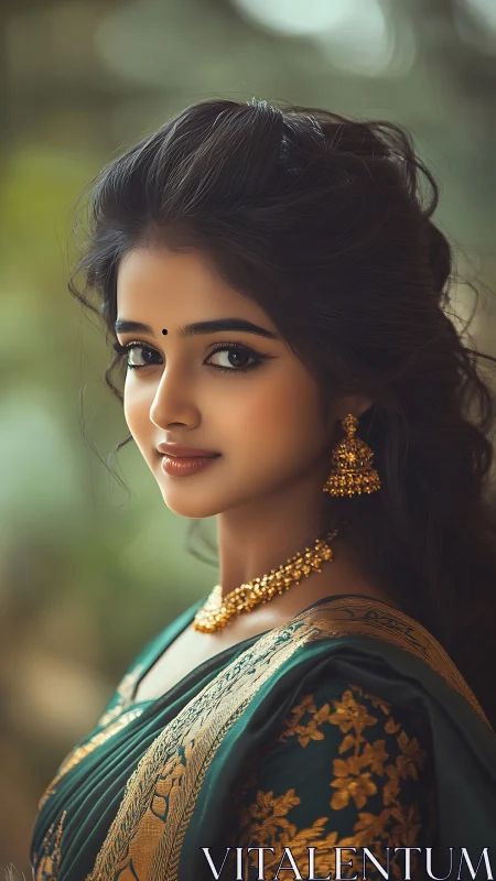 Graceful woman in green saree glows in soft natural light