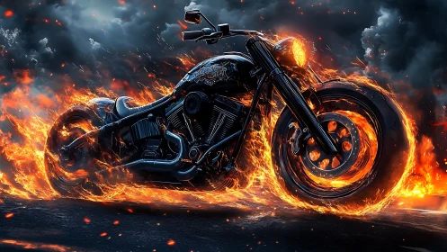 Inferno street chopper blazing through stormlit midnight.