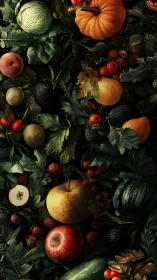Autumn harvest fruits and vegetables arranged over dark foliage
