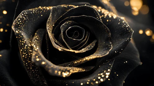 Close-up view shows black rose petals with metallic gold dust