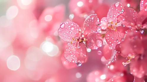 Dewy pink blossoms sparkling softly in gentle morning light.