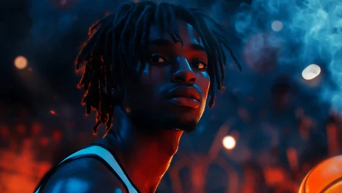 Courtside portrait in vivid orange and blue neon haze.