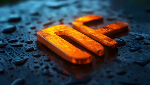 Glowing Orange 3D Lettering on Wet Surface, Futuristic Style.