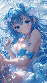 Blue haired anime girl in water with floral hair accents.