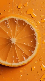 Juicy orange slice glistens with droplets on vivid backdrop.