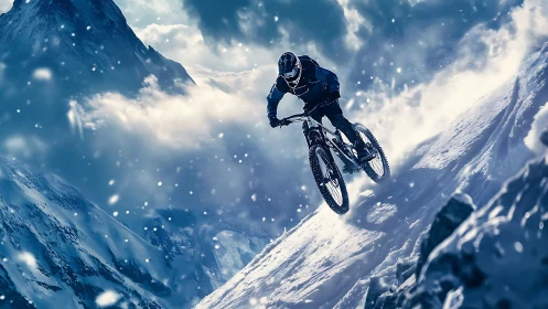 Mountain biker carving icy descent through storm light.