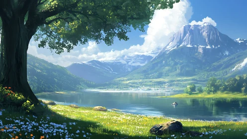 Mountain lake valley under large tree in bright daylight