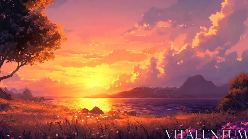 Glowing lakeside sunset bathes quiet hills in soft golden light