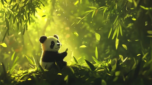 Playful panda cub basks in glowing forest light peacefully.