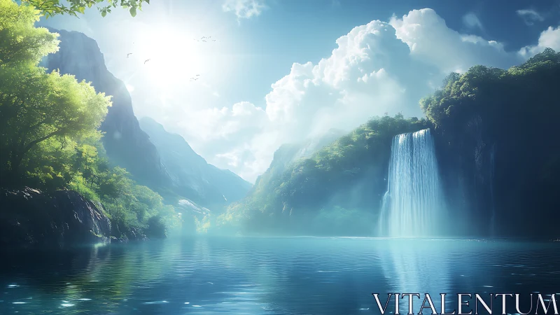 Radiant misty waterfall cascades into a tranquil blue lake