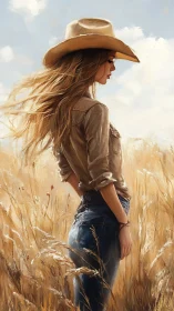 Side profile of woman in hat standing in wheat field.