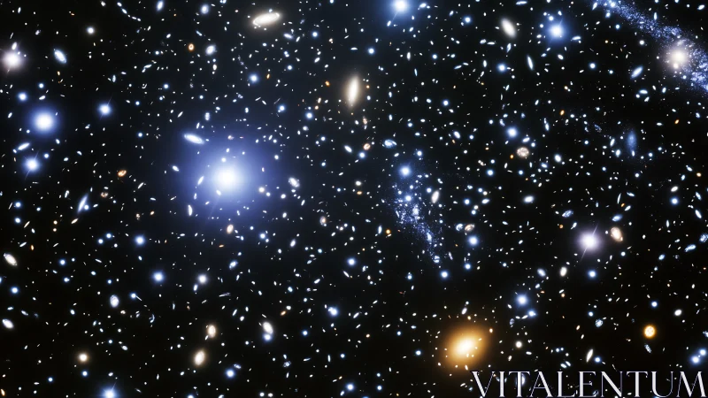 Deep cosmic cluster field with radiant blue-white galaxies.