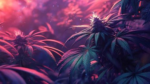Cannabis plants under vivid pink and purple lighting.