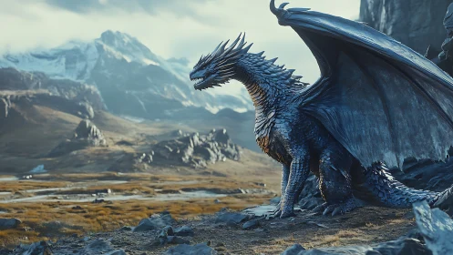 Majestic blue dragon stands guard in vast alpine valley.