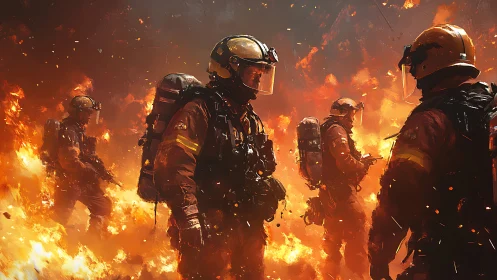 Firefighters in intensive structural fire environment.