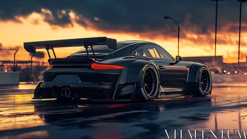 Widebody track car sits on wet asphalt under vivid sunset
