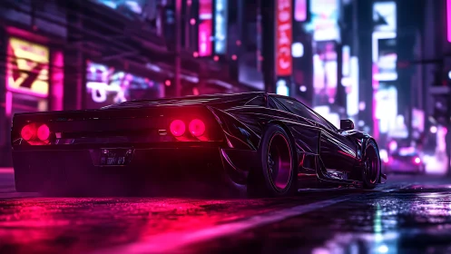Neon drenched retro supercar in wet cyberpunk night cityscape